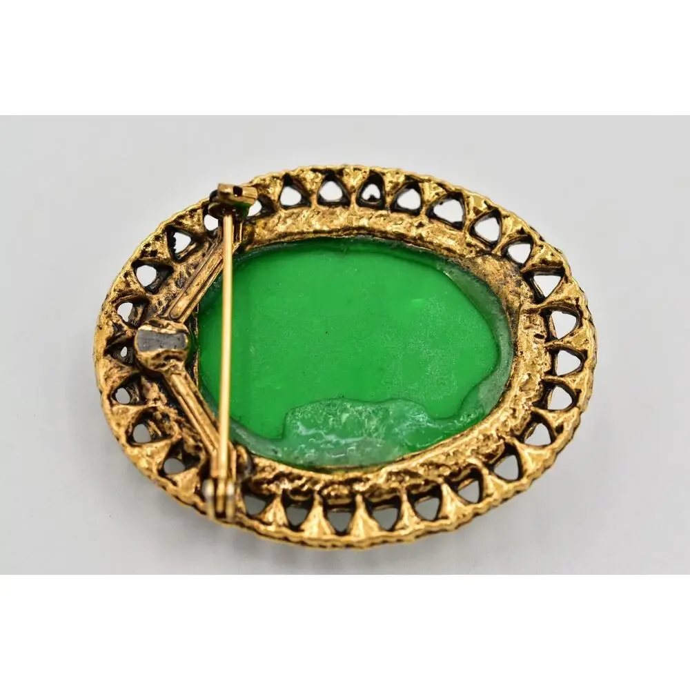 Vintage Abstract Face Pin Brooch Ancient Green Molded Resin Antiqued Gold BinAL